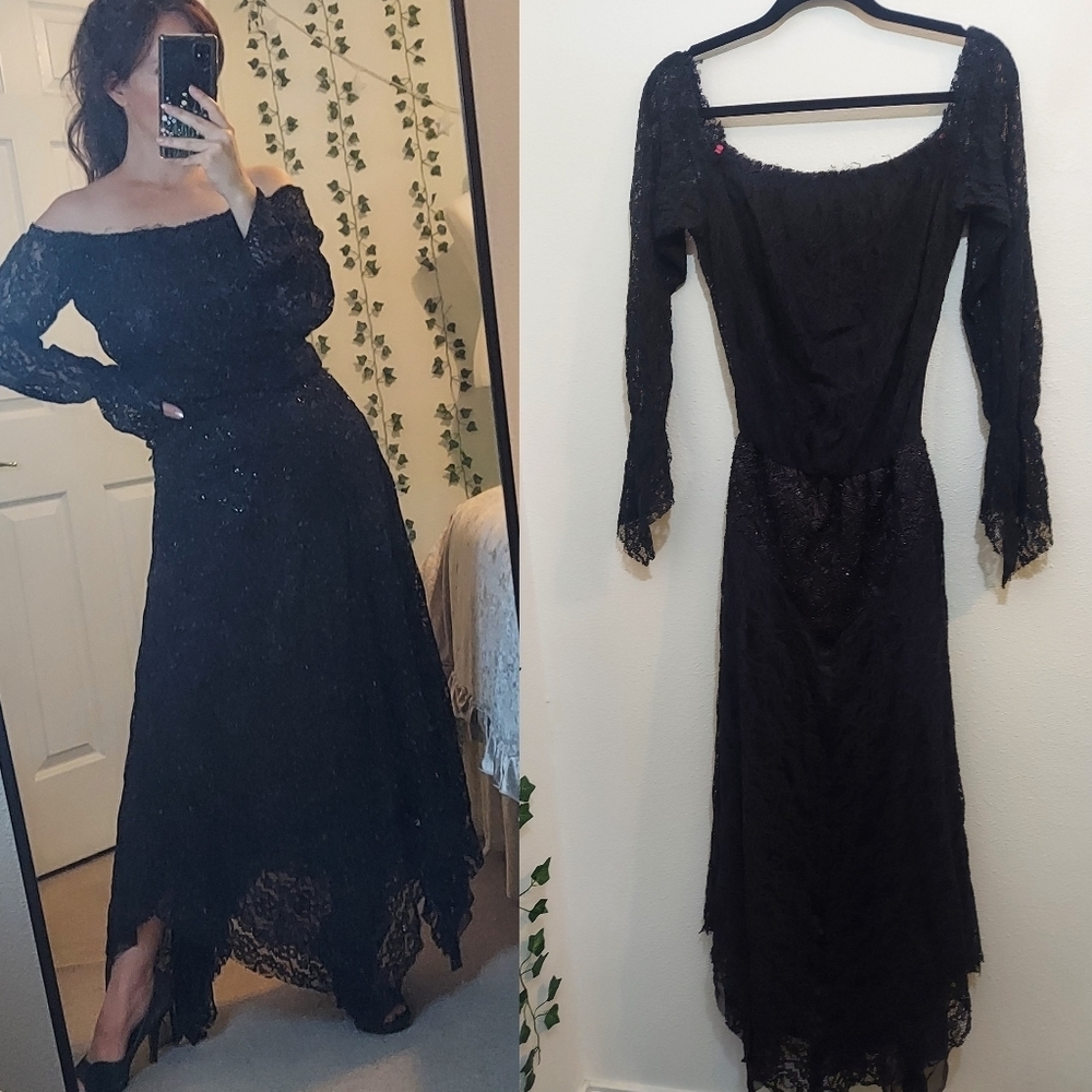 Ungaro Fever Lace Beaded Bell Sleeve Dress Black Small